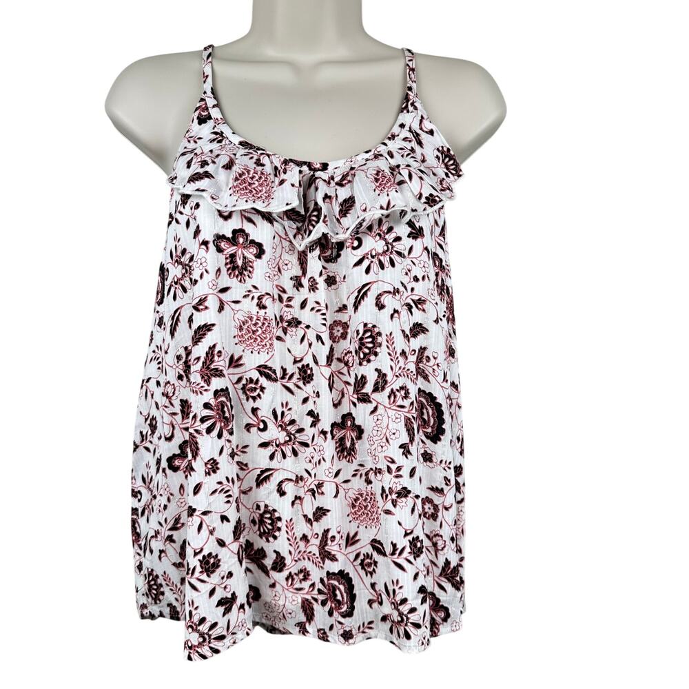 NEW LOFT Blouse Top Sleeveless Floral Ruffle Metallic Cream Burgundy Med Boho
